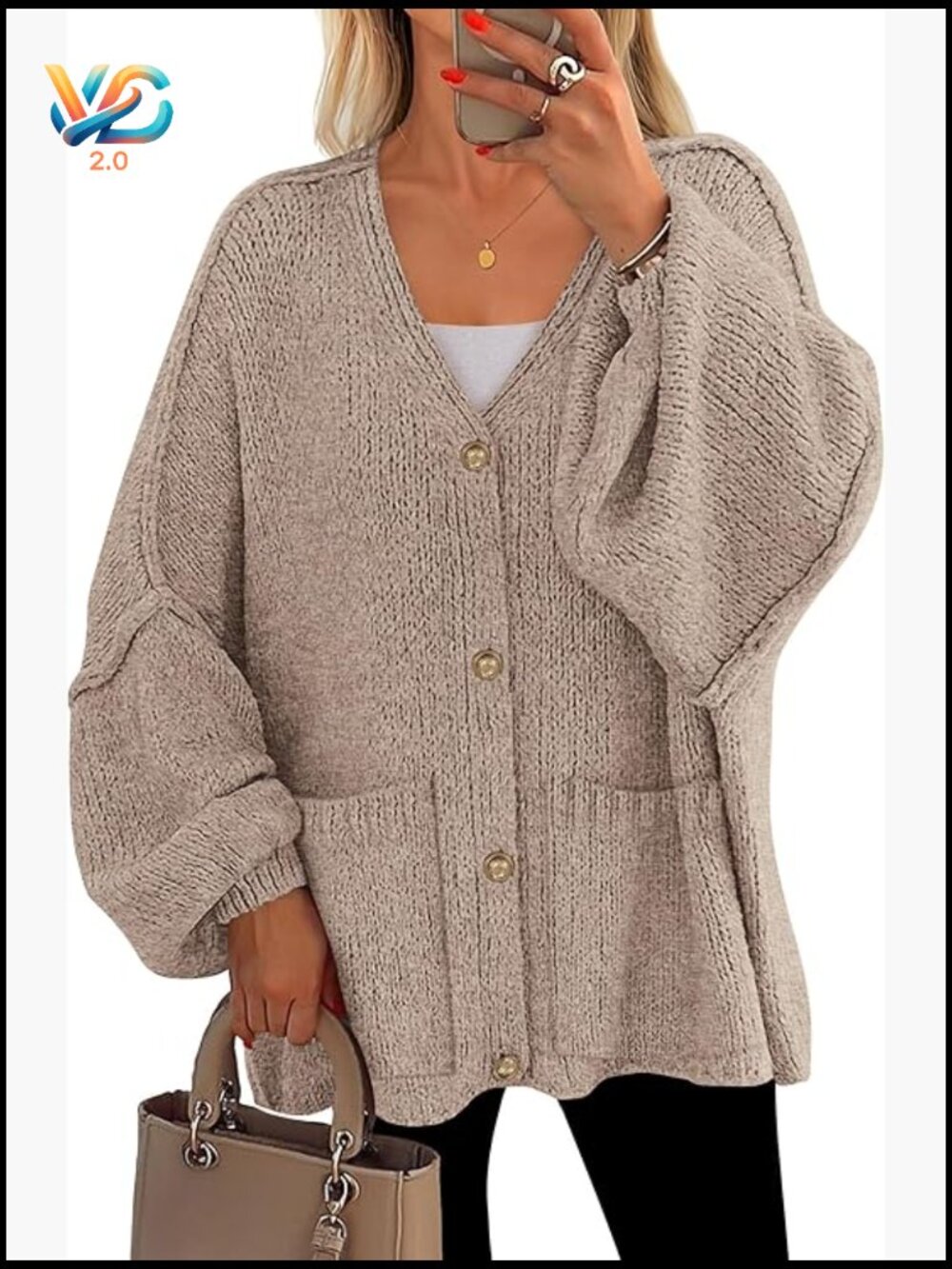Chunky Knit Oversized Cardigan with Pockets V-Neck Lantern Sleeve Button Down